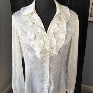 Tahari Ivory/ Black Polka Dot Ruffled Blouse Size Small